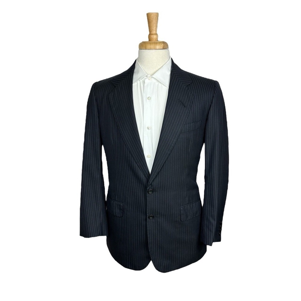 Edgar Pomeroy Bespoke Black Striped Pure Wool Mens Suit 40R Pant 32x30